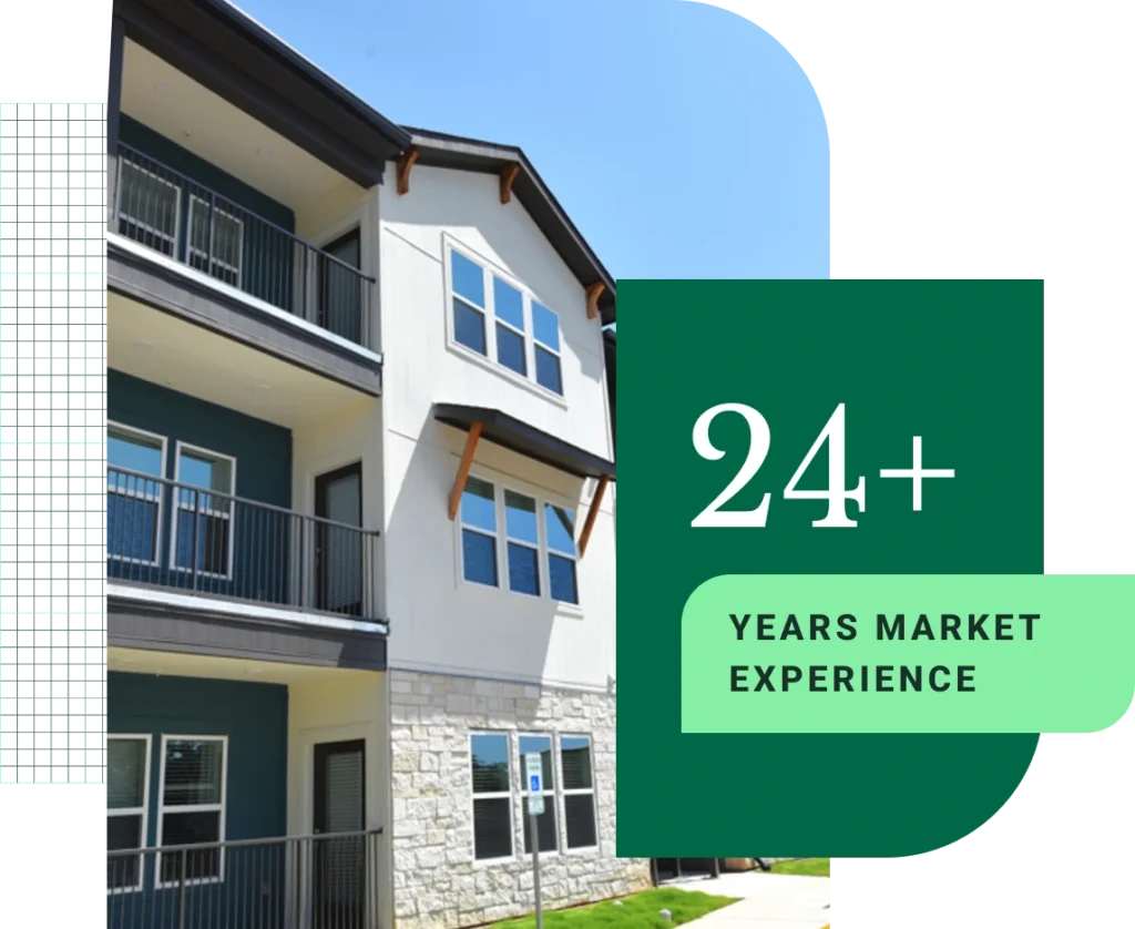 Photo of apartment building with text reading "24+ years of market experience".